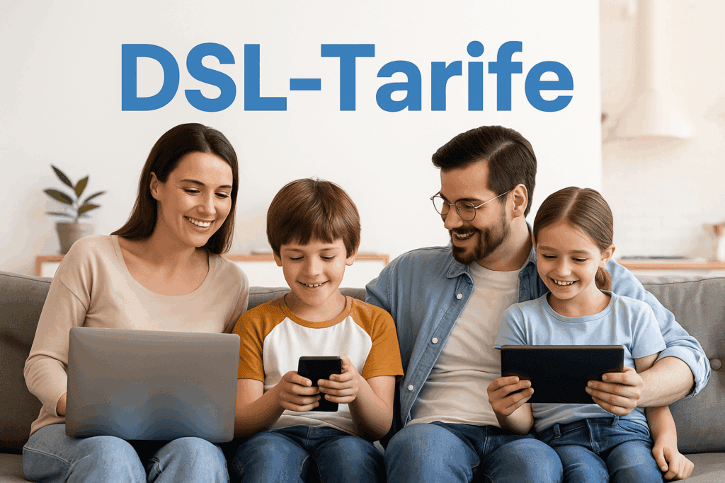 💡 DSL-Tarife vergleichen – So finden Sie das perfekte Angebot! Familie nutzt schnelles Internet mit verschiedenen Geräten dank DSL-Tarif zuhause