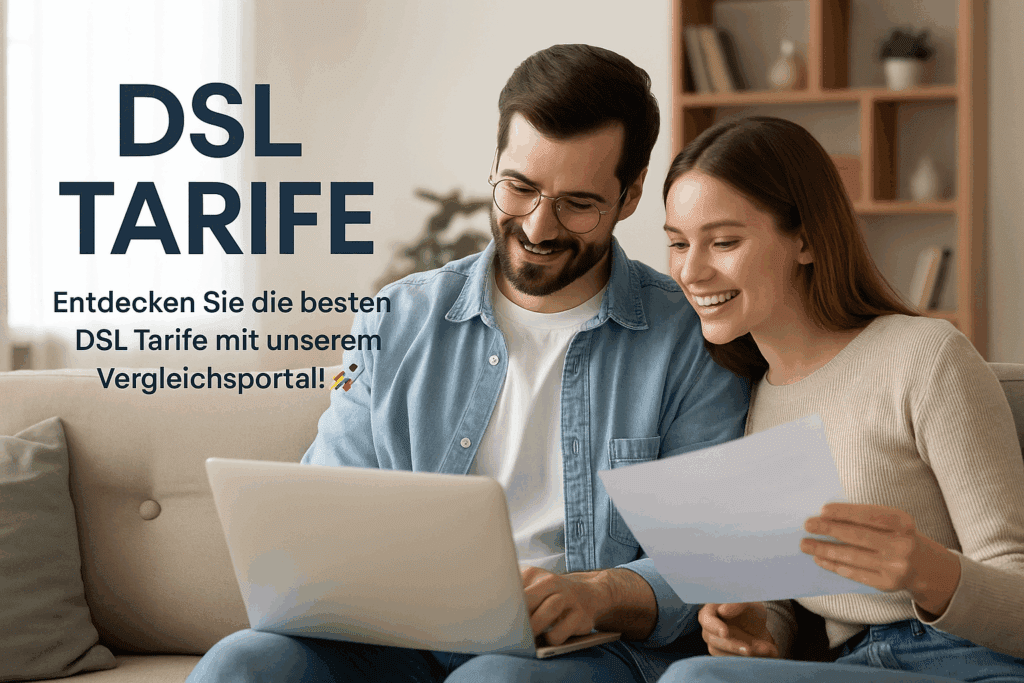 💡 DSL-Tarife vergleichen – So finden Sie das perfekte Angebot! Junges Paar vergleicht günstige DSL-Tarife auf einem Laptop im Wohnzimmer