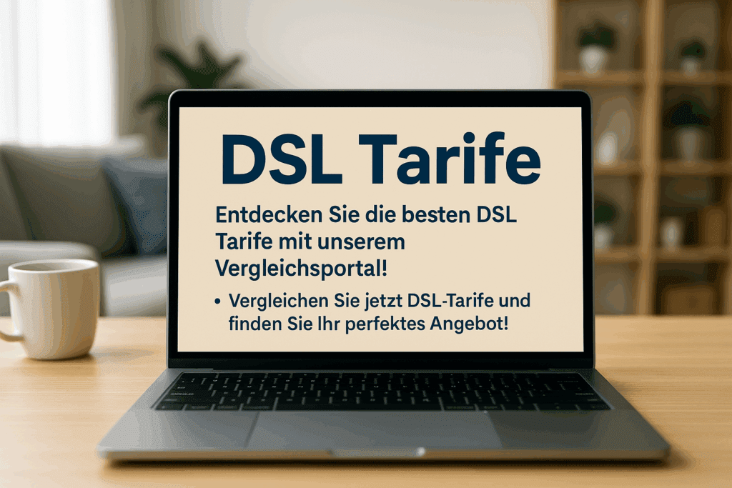 💡 DSL-Tarife vergleichen – So finden Sie das perfekte Angebot! Laptop mit geöffneter DSL-Tarif Vergleichsseite auf einem Holztisch im modernen Wohnzimmer