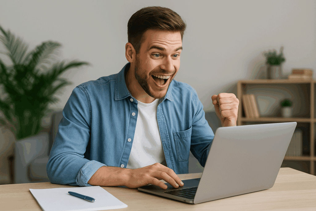 💡 DSL-Tarife vergleichen – So finden Sie das perfekte Angebot! Zufriedener Mann freut sich über den besten DSL-Tarif auf seinem Laptop