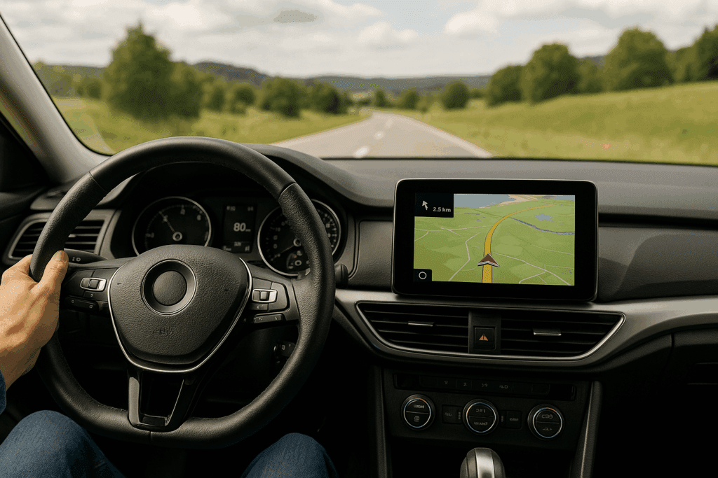 Innenansicht eines Mietwagens mit Navigation – flexibel reisen dank Mietwagen Vergleich