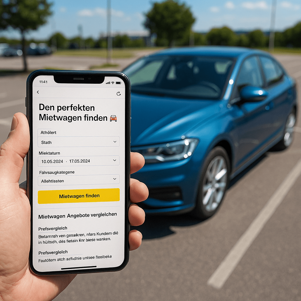 Smartphone mit geöffneter Mietwagen Vergleich Website zur Buchung günstiger Mietautos