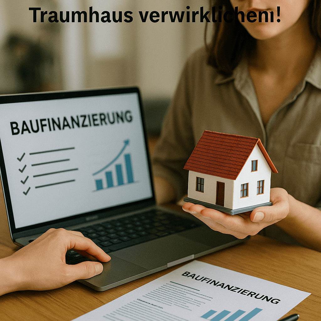 Baufinanzierung Junge Frau betrachtet Baufinanzierungsangebote auf einem Laptop mit Modellhaus in der Hand – Traumhaus verwirklichen