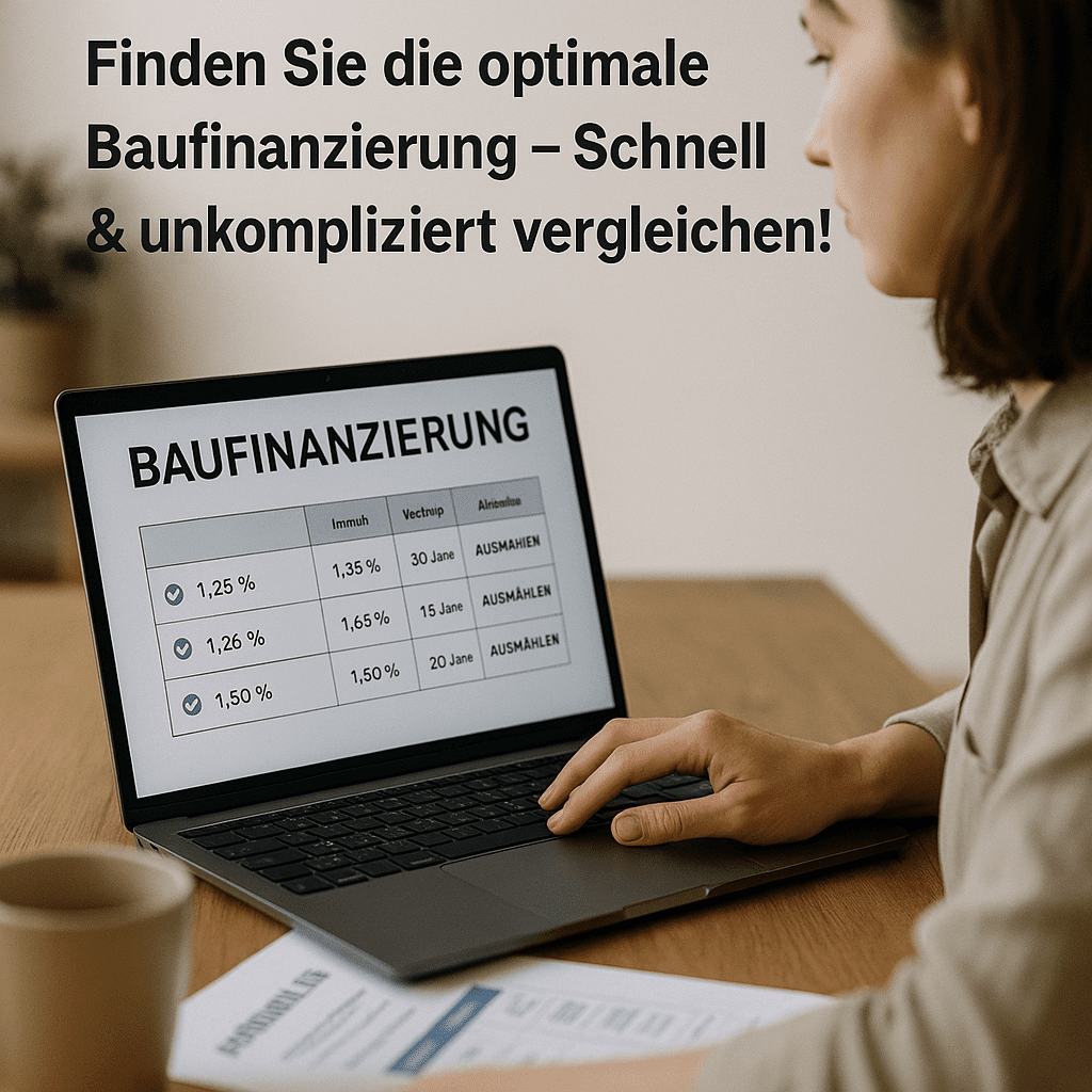 Baufinanzierung Laptop zeigt Baufinanzierung Zinssätze im Vergleich – Frau prüft günstige Kreditangebote online