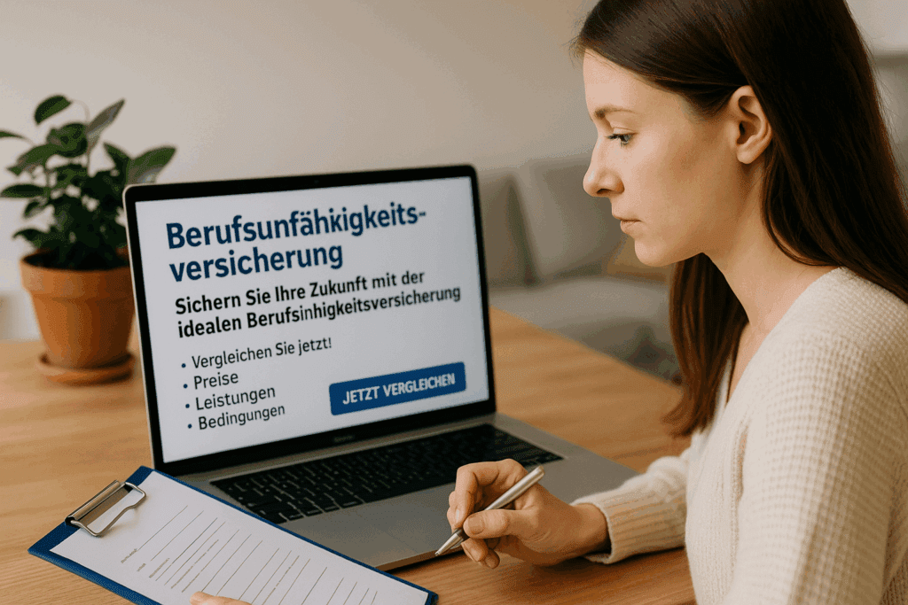 Berufsunfähigkeitsversicherung Junge Frau informiert sich am Laptop über Berufsunfähigkeitsversicherung und vergleicht Tarife