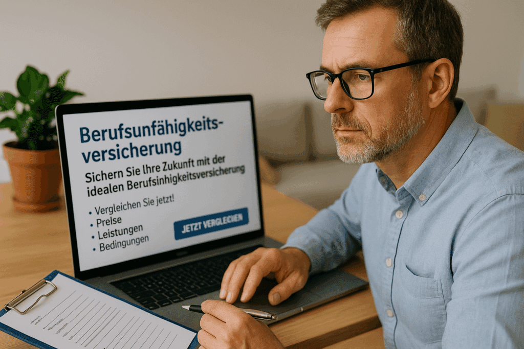 Berufsunfähigkeitsversicherung Mann mittleren Alters prüft Berufsunfähigkeitsversicherung auf dem Laptop mit Vertragsunterlagen