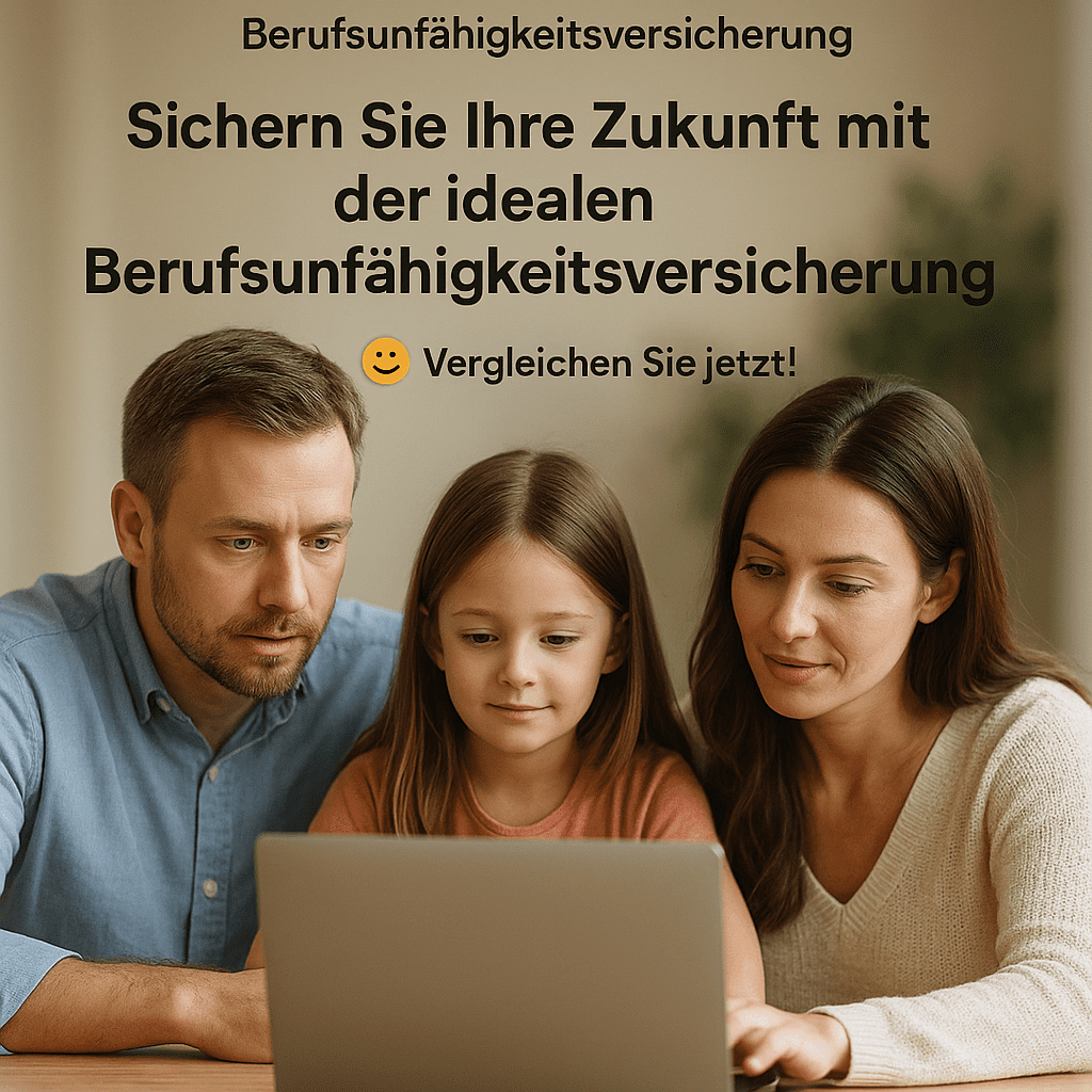 Berufsunfähigkeitsversicherung Familie sitzt gemeinsam am Tisch und vergleicht Berufsunfähigkeitsversicherung online