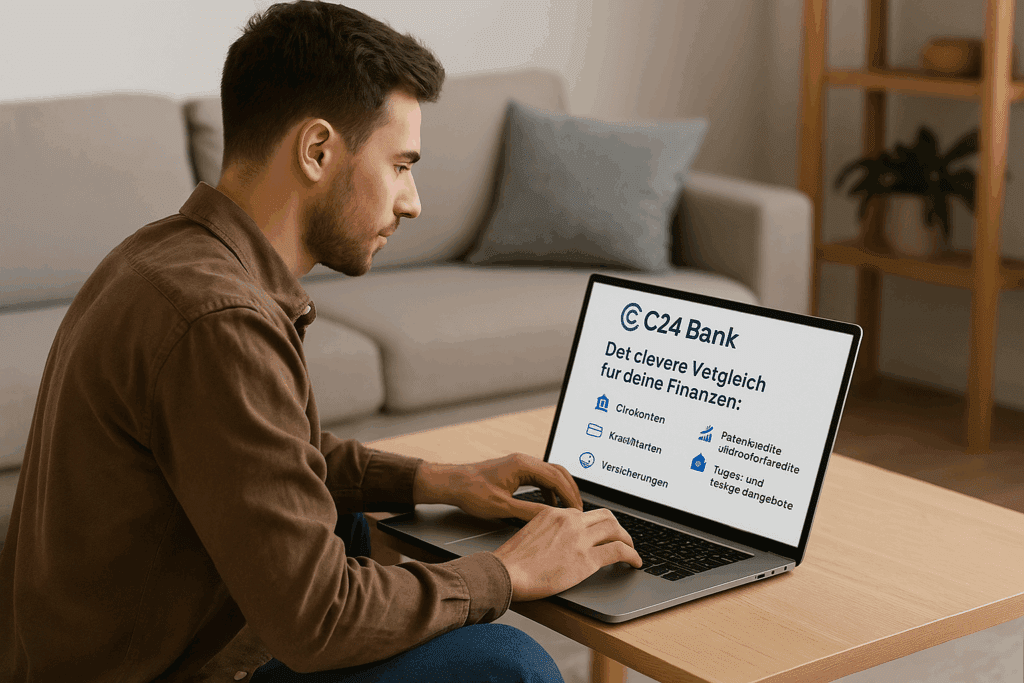 C24 Bank Junger Mann vergleicht Finanzprodukte auf dem C24 Bank Portal mit seinem Laptop im Wohnzimmer