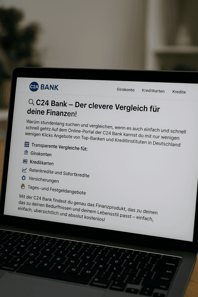 C24 Bank Nahaufnahme eines Laptops mit geöffneter C24 Bank Webseite zur Finanzprodukt-Vergleich in deutscher Sprache