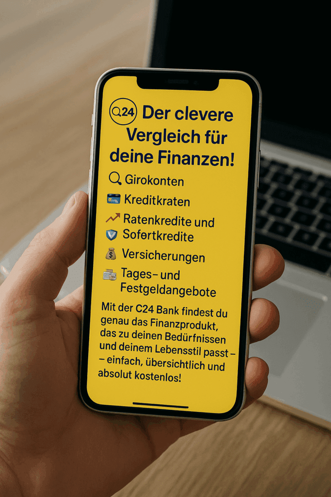 C24 Bank Smartphone mit C24 Bank App in der Hand, zeigt Vergleich von Girokonto, Kreditkarte und Krediten