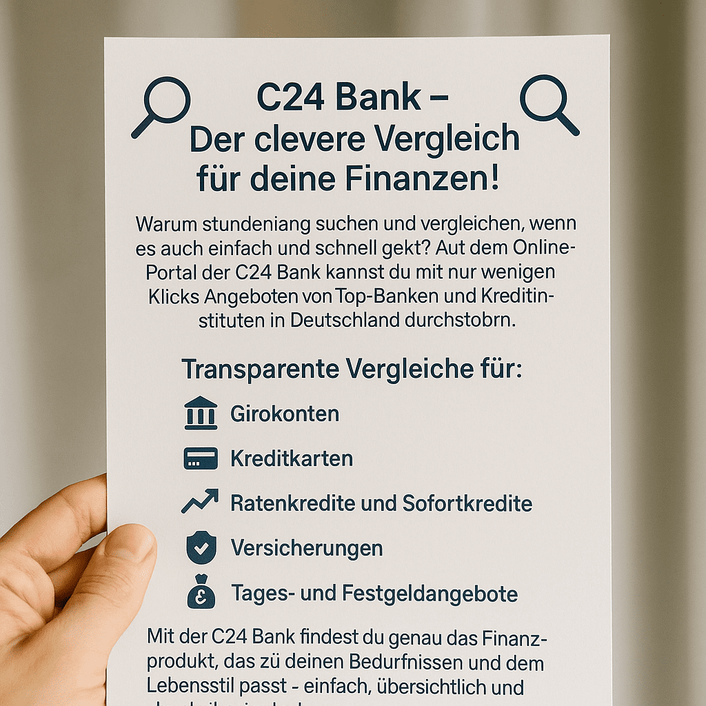C24 Bank Werbeplakat der C24 Bank mit Finanzvergleich für Girokonten, Kredite, Versicherungen und Festgeldangebote