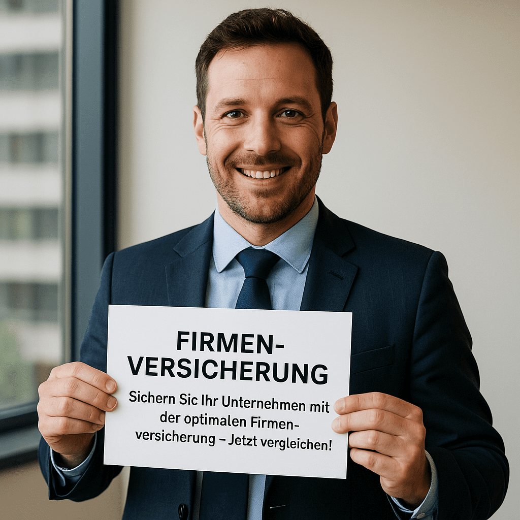 Geschäftsmann mit Schild zur Firmenversicherung – Jetzt vergleichen und Unternehmen absichern!