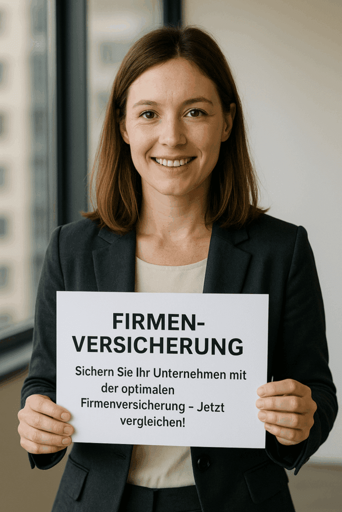 Professionelles Firmenversicherungs-Foto – Unternehmer zeigt Informationsschild für Versicherungsschutz