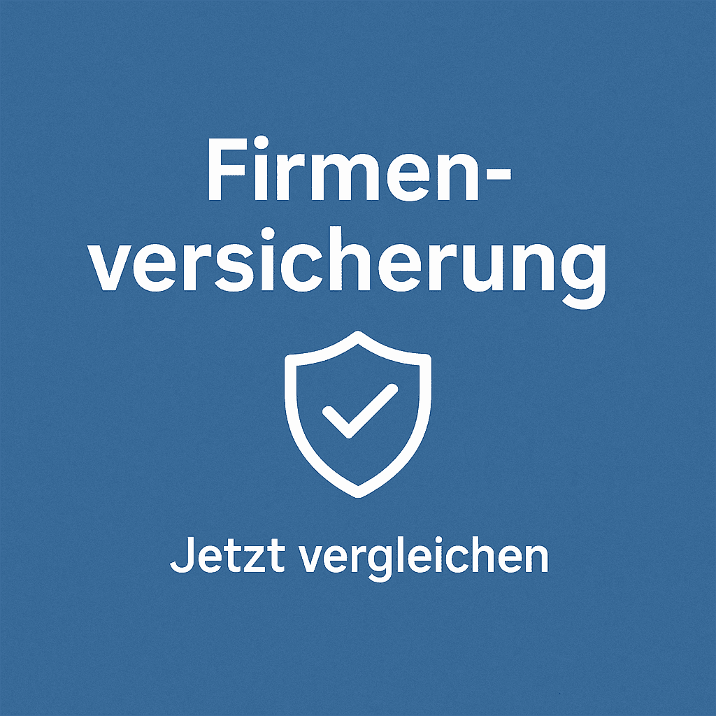 Grafik mit blauem Hintergrund und weißem Text Firmenversicherung – Jetzt vergleichen mit Schild-Symbol