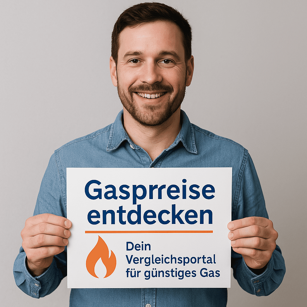 Gas Lächelnder Mann hält ein Schild mit dem Text 'Gaspreise entdecken – Dein Vergleichsportal für günstiges Gas