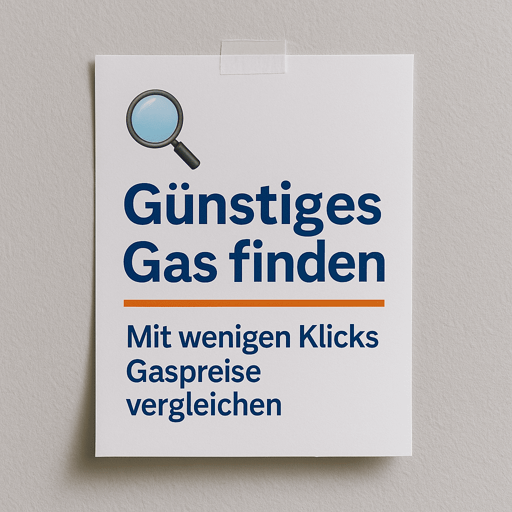 Gas Hinweisschild an der Wand mit Text 'Günstiges Gas finden – Mit wenigen Klicks Gaspreise vergleichen' und Lupe-Emoji