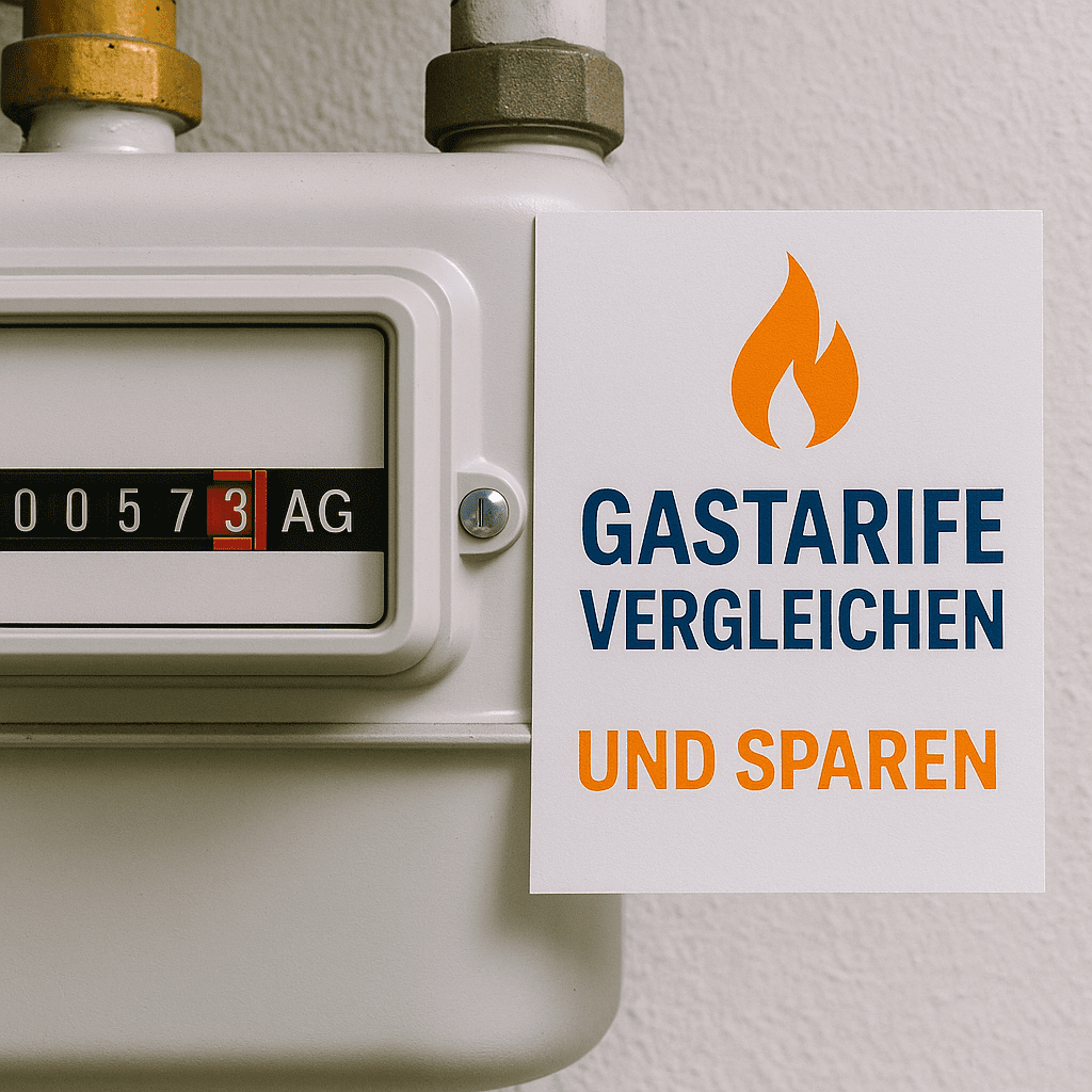 Gas Gaszähler mit Infotafel daneben – Aufschrift 'Gastarife vergleichen und sparen' mit Flammensymbol