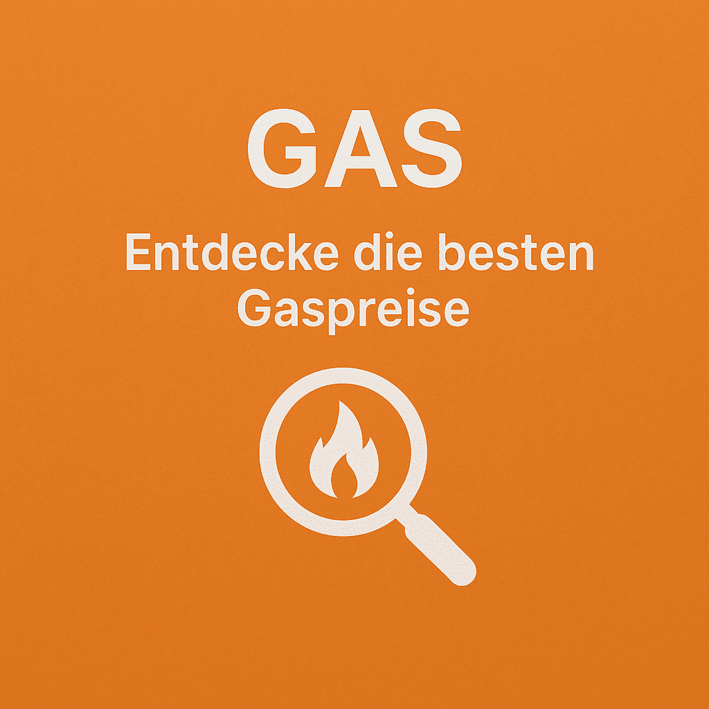 Gas Orangefarbener Hintergrund mit weißem Text GAS – Entdecke die besten Gaspreise und Lupe mit Flammensymbol