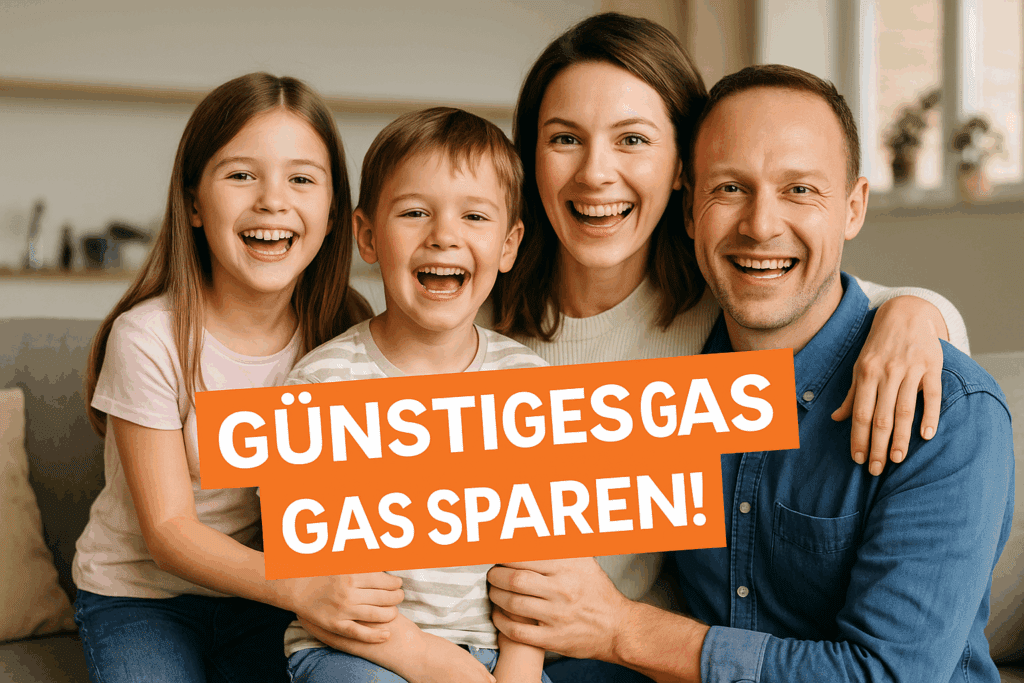 Gas Glückliche Familie sitzt zusammen auf dem Sofa und hält ein Schild mit der Aufschrift 'Günstiges Gas – Gas sparen!