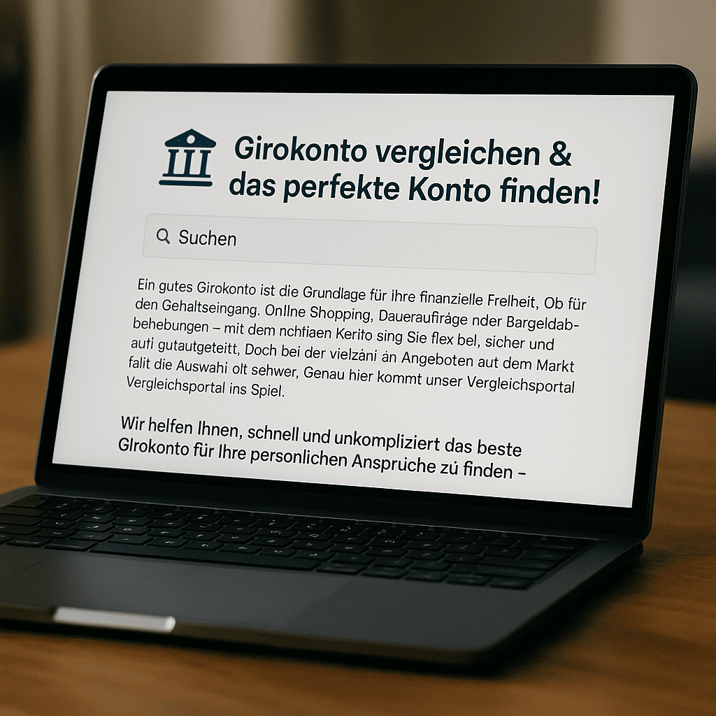 Girokonto Laptop zeigt eine Webseite zum Girokonto-Vergleich mit deutschem Text und Suchfeld