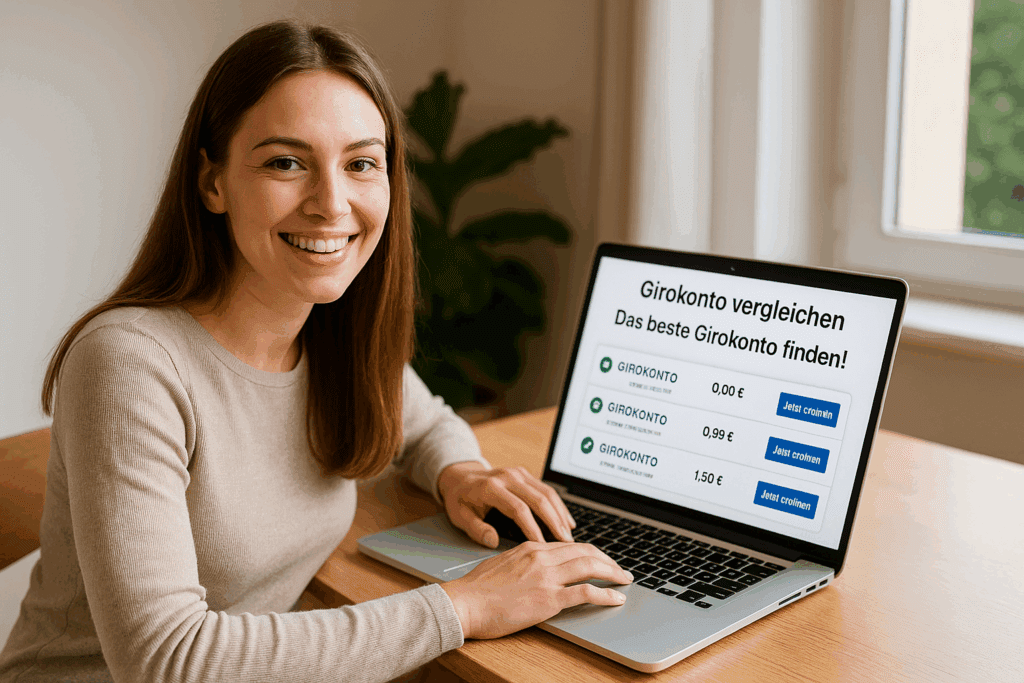 Girokonto Junge Frau am Tisch vergleicht Girokonten auf einem Laptop, auf dem Bildschirm sind verschiedene Kontomodelle sichtbar