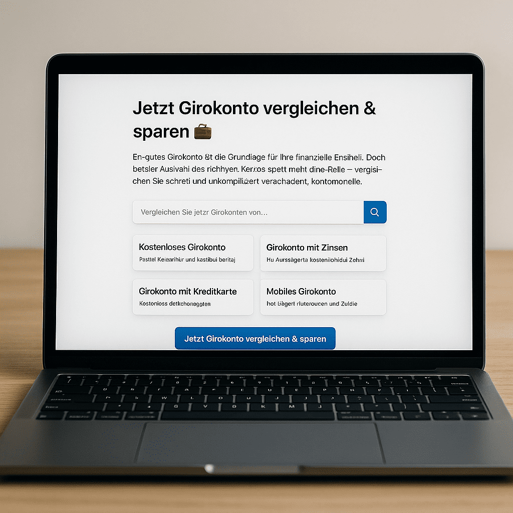 Girokonto Laptop zeigt eine Vergleichsseite für Girokonten mit Auswahlmöglichkeiten wie kostenloses Girokonto, Girokonto mit Kreditkarte und Button zum Vergleichen