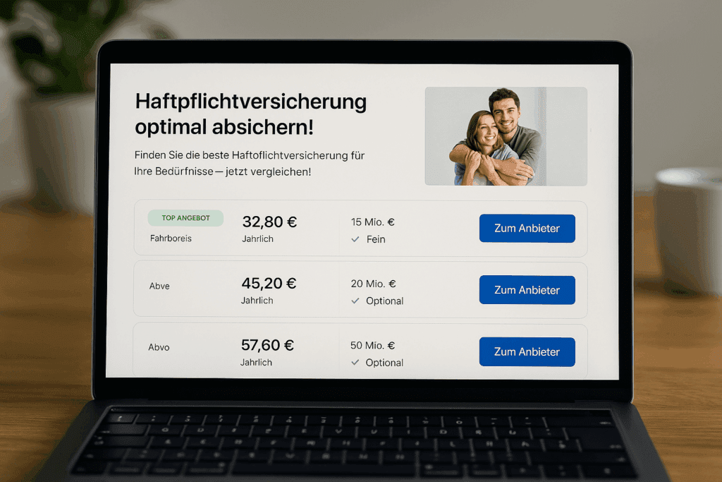 Haftpflichtversicherung Laptop zeigt Vergleich von Haftpflichtversicherungen mit Tarifen und Anbieter-Buttons