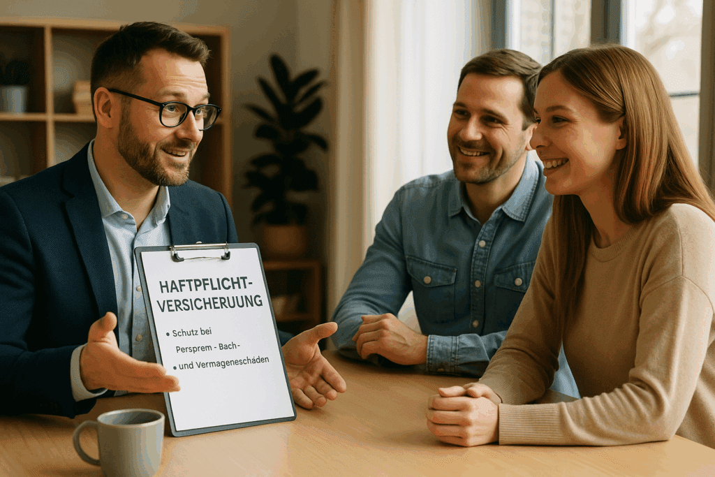 Haftpflichtversicherung Versicherungsberater erklärt einem Paar die Leistungen einer Haftpflichtversicherung anhand eines Klemmbretts