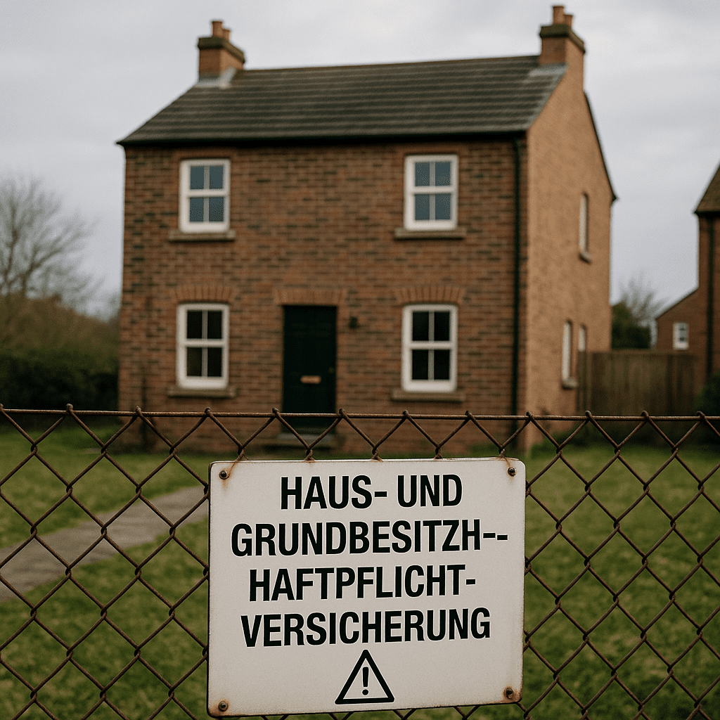 Haus- und Grundbesitzhaftpflichtversicherung Backsteinhaus mit Zaun, an dem ein Warnschild mit der Aufschrift 'Haus- und Grundbesitzhaftpflichtversicherung' angebracht ist