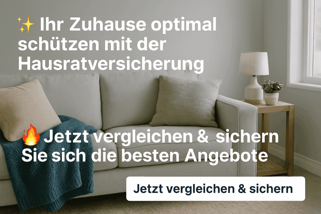 Hausratversicherung Laptop zeigt eine Vergleichsseite für Hausratversicherungen mit dem Text 'Jetzt vergleichen & Zuhause schützen