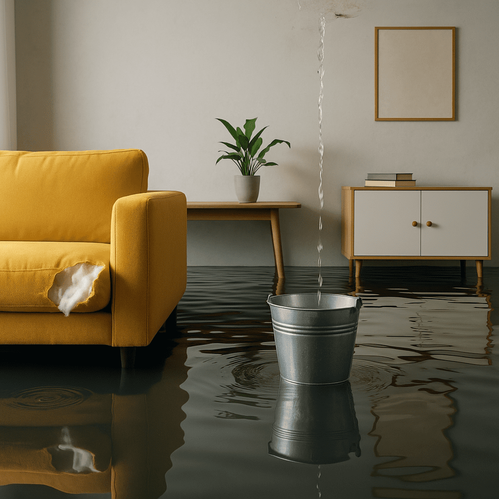 Hausratversicherung Wohnzimmer nach einem Wasserschaden mit beschädigten Möbeln und nassem Teppich – typischer Fall für Hausratversicherung