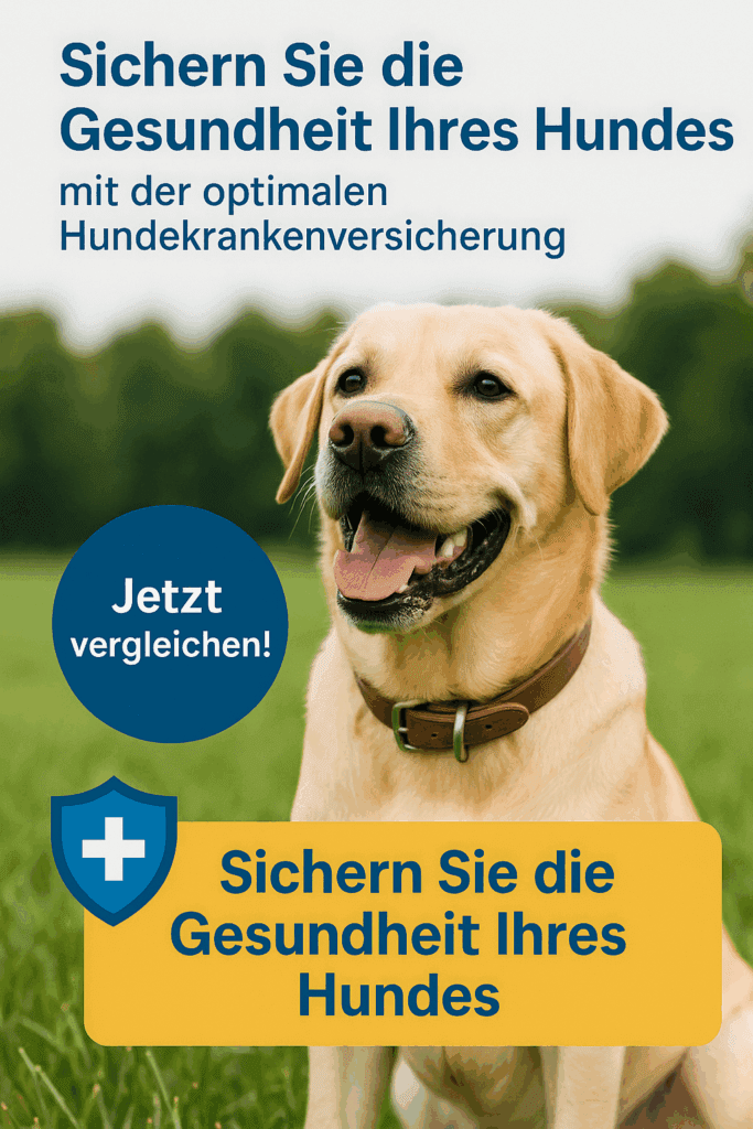 Hundekrankenversicherung Fröhlicher Labrador Retriever im Park mit Text „Sichern Sie die Gesundheit Ihres Hundes mit der optimalen Hundekrankenversicherung – Jetzt vergleichen!“ – Werbebild zur Hundekrankenversicherung.