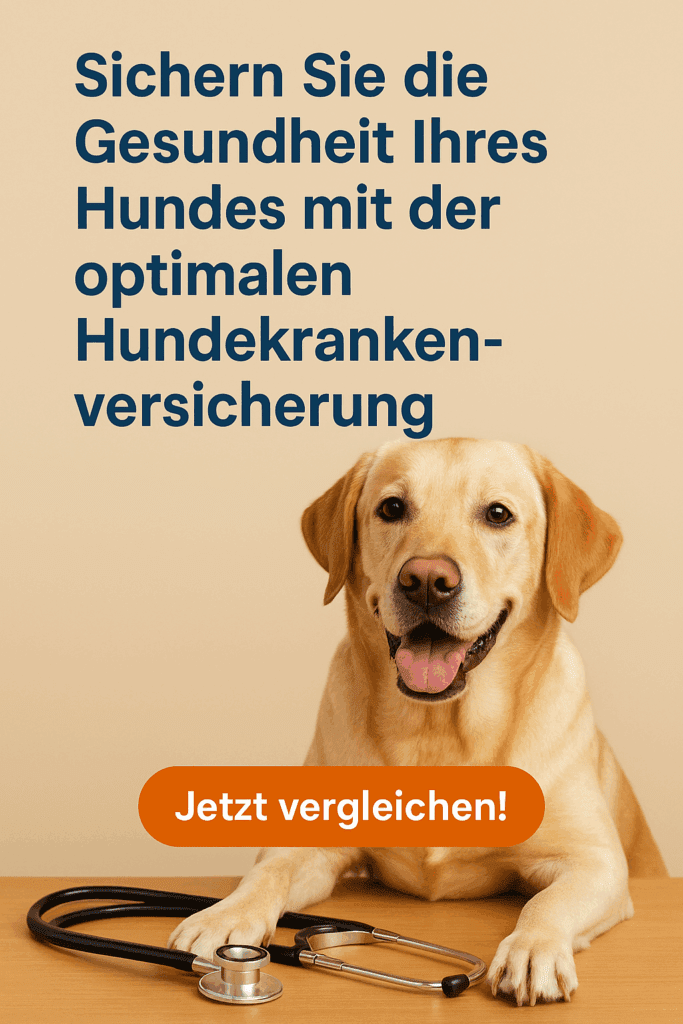 Hundekrankenversicherung Lächelnder Labrador Retriever mit Stethoskop auf einem Tisch vor beigem Hintergrund und dem Text „Sichern Sie die Gesundheit Ihres Hundes mit der optimalen Hundekrankenversicherung“. Werbeanzeige zur Hundekrankenversicherung mit Button.