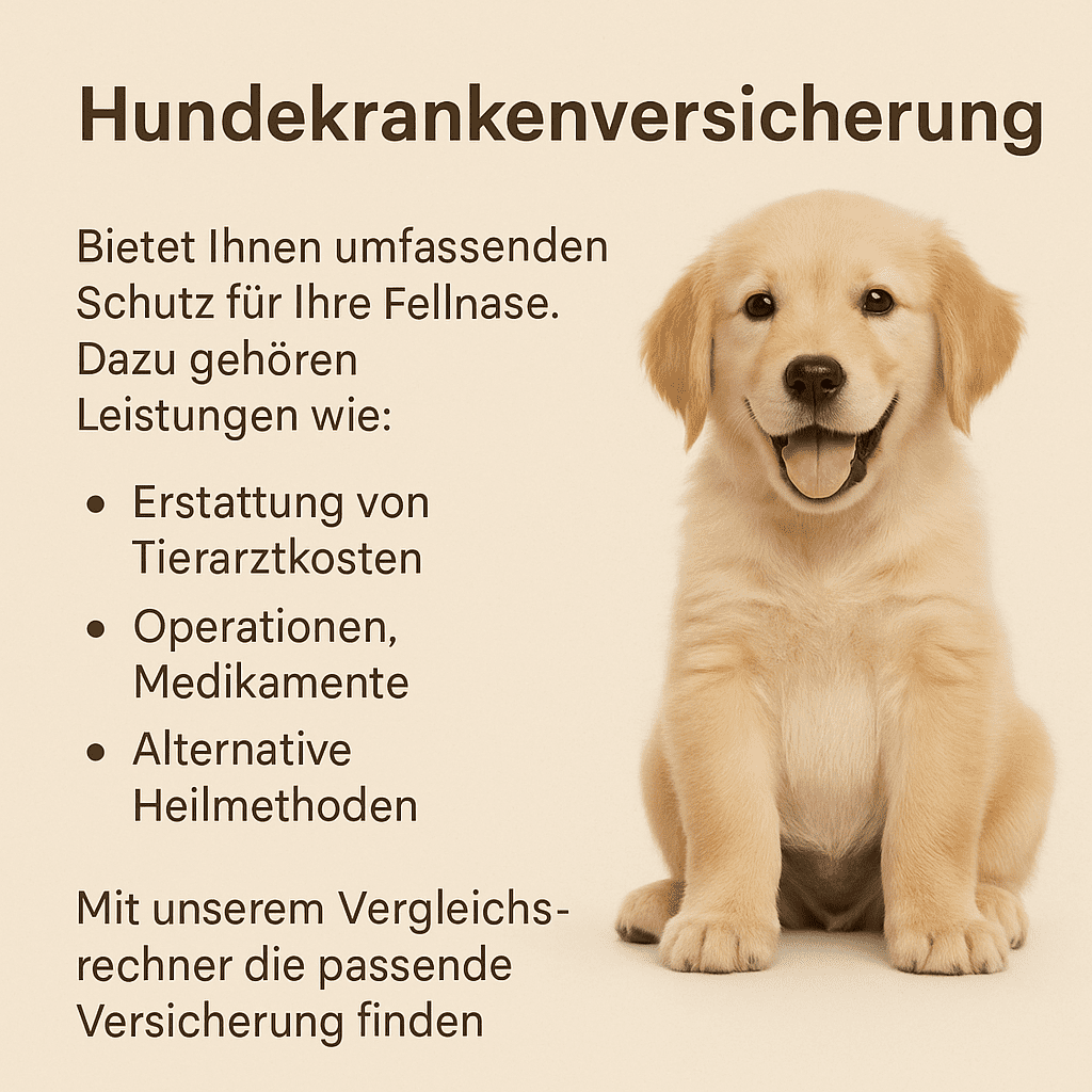 Hundekrankenversicherung Golden Retriever Welpe neben Infotext über Hundekrankenversicherung mit Aufzählung der Leistungen und Hinweis auf Vergleichsrechner. Beige Hintergrundfarbe mit lesbarer Schrift.
