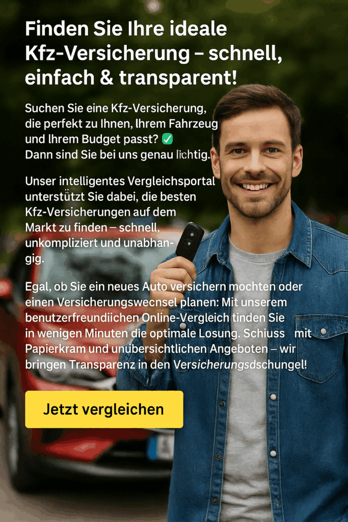 Kfz-Versicherung Junger Mann zeigt Schild mit Aufruf zur Kfz-Versicherung und Smartphone – rotes Auto im Hintergrund, Symbolbild für digitalen Versicherungsvergleich
