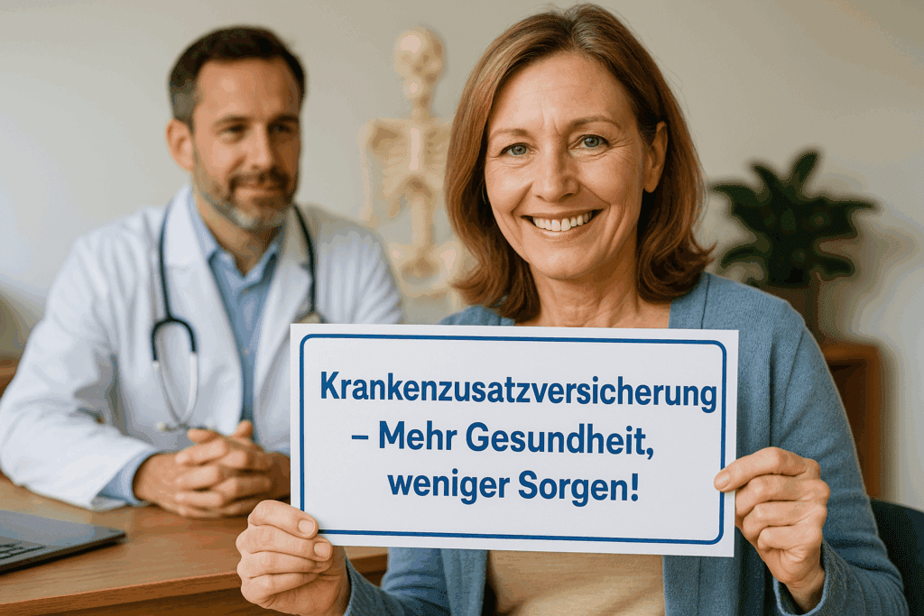 Krankenzusatzversicherung Ältere Frau in Arztpraxis hält Schild mit dem Text „Krankenzusatzversicherung – Mehr Gesundheit, weniger Sorgen“, Arzt im Hintergrund – Symbolbild für private Zusatzversicherung in Deutschland.