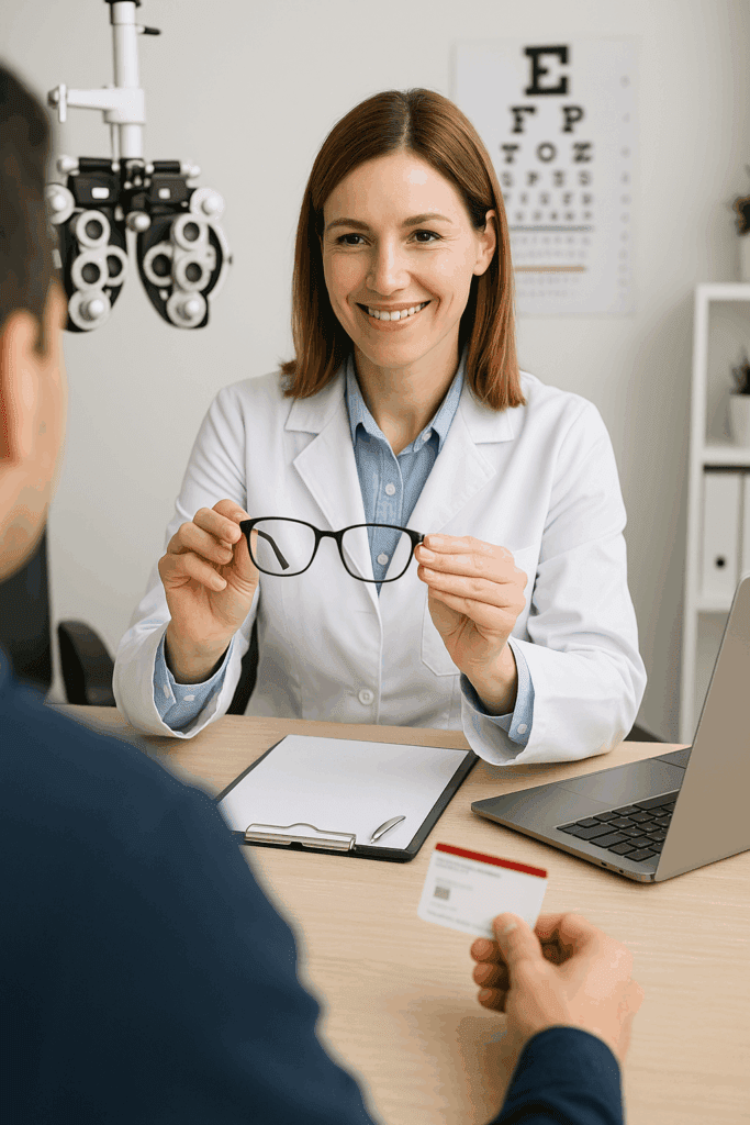Krankenzusatzversicherung Freundliche Augenärztin reicht Brille an männlichen Patienten, Untersuchung mit Sehtest-Tafel im Hintergrund – Krankenzusatzversicherung für Sehhilfen und Optikerkosten.