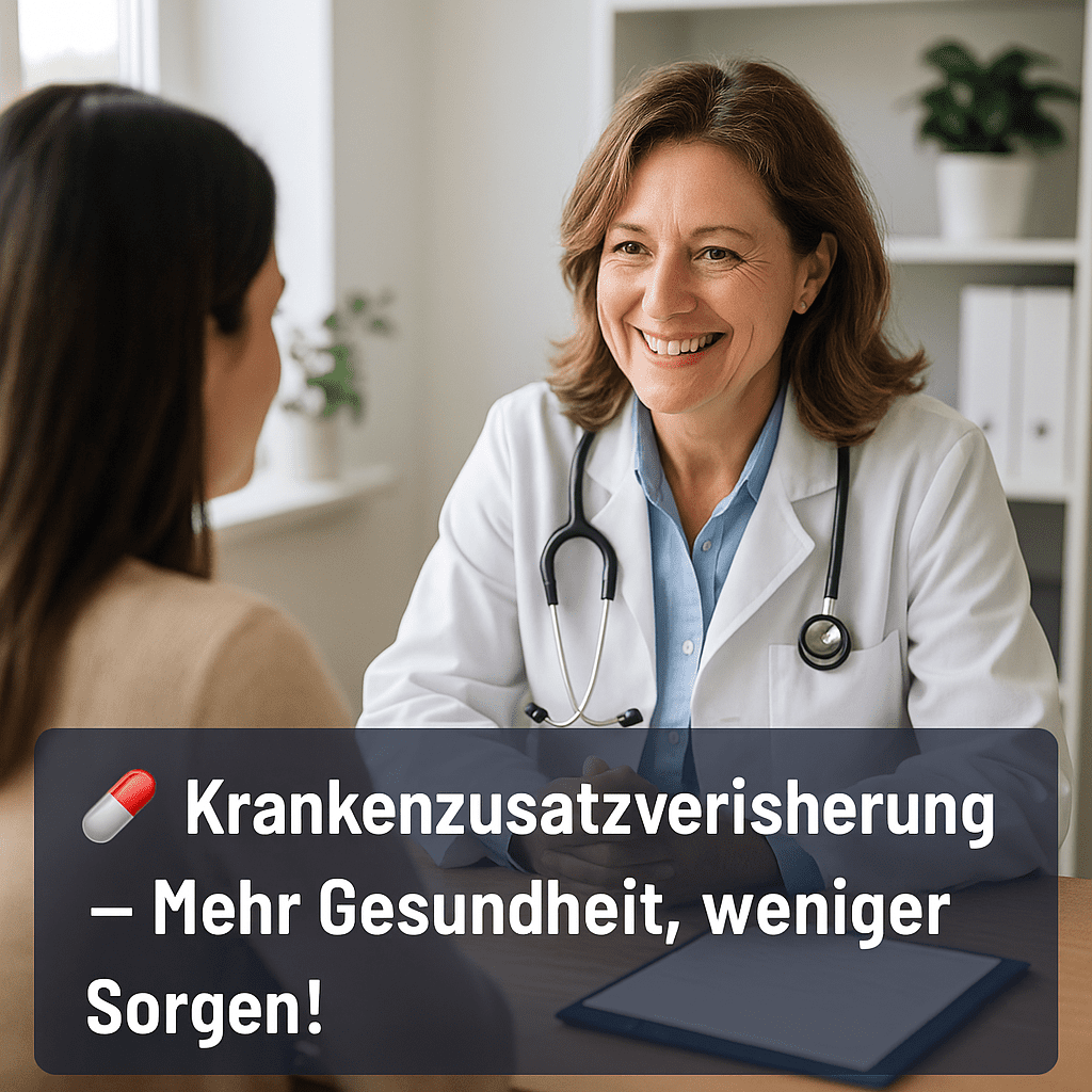 Krankenzusatzversicherung Ärztin im weißen Kittel im Gespräch mit Patientin, eingeblendeter Werbetext „Krankenzusatzversicherung – Mehr Gesundheit, weniger Sorgen“ – Werbung für private Gesundheitsvorsorge.