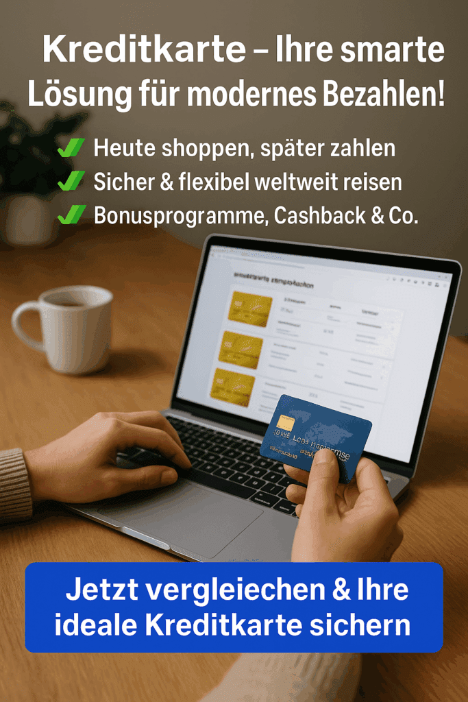 Kreditkarte Nutzer vergleicht Kreditkarten auf Laptop und hält blaue Karte in der Hand – Online-Vergleich mit Vorteilen wie Cashback, Reisen und Sicherheit.
