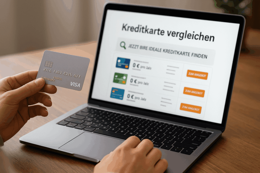 Kreditkarte Person vergleicht verschiedene Kreditkarten auf deutschsprachiger Website und hält eine Visa-Kreditkarte in der Hand – Finanzentscheidung im digitalen Alltag.