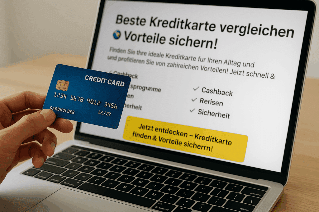 Kreditkarte Person hält blaue Kreditkarte vor Laptop, auf dem ein Vergleichsportal mit dem Text „Beste Kreditkarte vergleichen & Vorteile sichern!“ angezeigt wird – Symbolbild für Kreditkartenvergleich und finanzielle Entscheidung online.