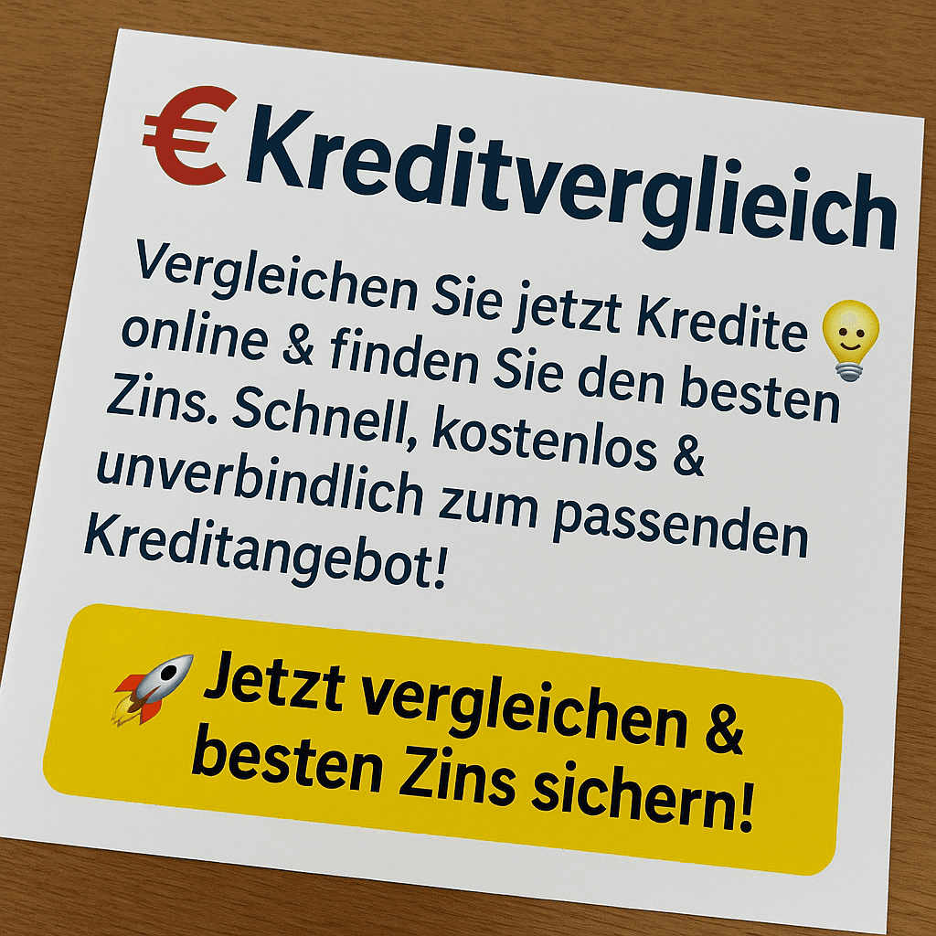 Kreditvergleich Gedrucktes Werbeschild mit der Aufschrift „Kreditvergleich – Jetzt vergleichen & besten Zins sichern!“ auf Holzoberfläche – Symbolbild für Kreditsuche online.
