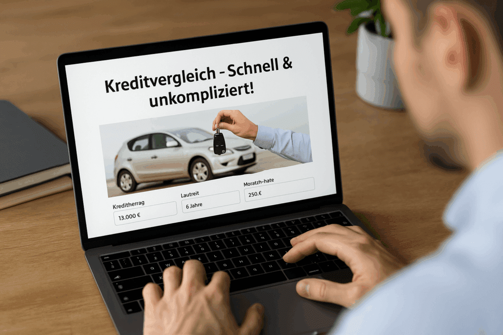 Kreditvergleich Mann am Laptop vergleicht Autokredit-Angebote auf Kreditvergleichsseite – Beispiel für digitale Kreditrecherche und finanzielle Planung.