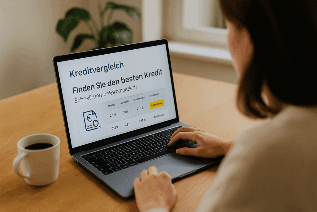 Kreditvergleich Frau vergleicht Kredite online auf einem Laptop mit deutschsprachiger Kreditvergleichsseite – gemütliche Alltagsszene mit Kaffee und Pflanzen.