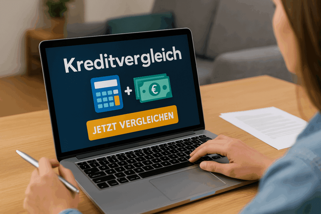 Kreditvergleich Nahaufnahme eines Laptops mit großem Button „JETZT VERGLEICHEN“ und Symbolen für Rechner und Geld – Frau startet Online-Kreditvergleich.