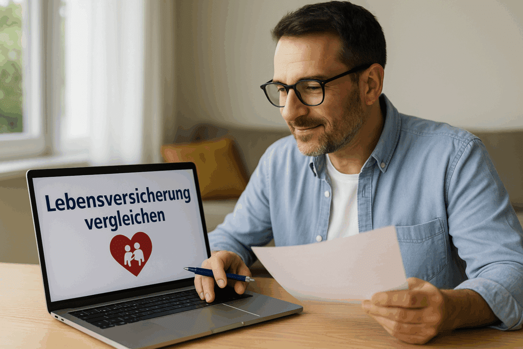 Lebensversicherung Mittelalterlicher Mann nutzt Tablet zur Auswahl einer Lebensversicherung – Online-Vergleichsportal zur Absicherung von Angehörigen.