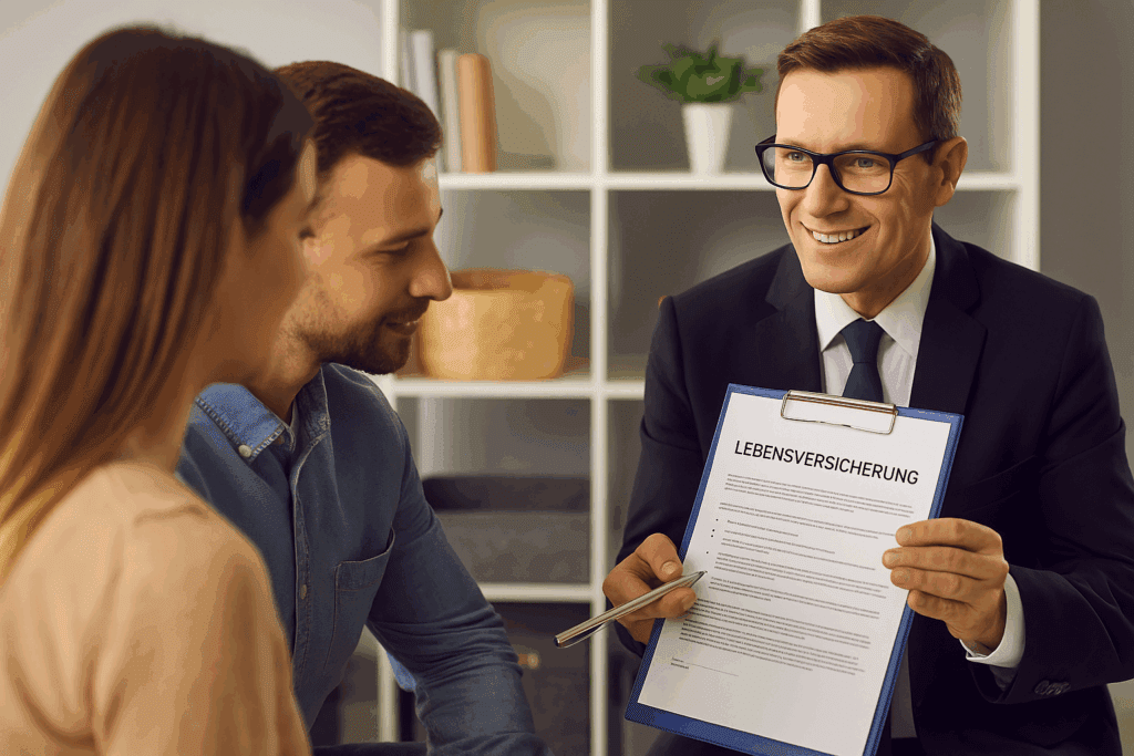 Lebensversicherung Versicherungsberater erklärt einem jungen Paar verschiedene Lebensversicherungstarife – persönliches Beratungsgespräch zur Zukunftssicherung.