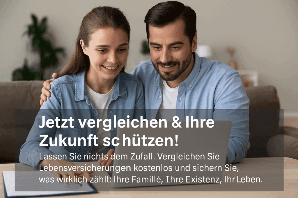 Lebensversicherung Junges Paar vergleicht Lebensversicherungen am Laptop – Werbebotschaft zur Absicherung von Familie, Existenz und Zukunft eingeblendet.
