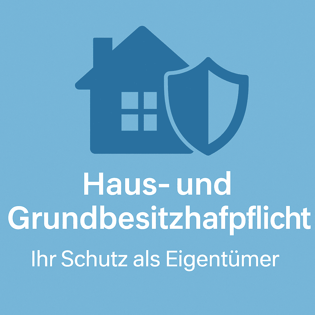 Haus- und Grundbesitzhaftpflichtversicherung Einfamilienhaus mit rotem Ziegeldach und großem blauen Schutzschild im Vordergrund als Symbol für Haus- und Grundbesitzhaftpflicht