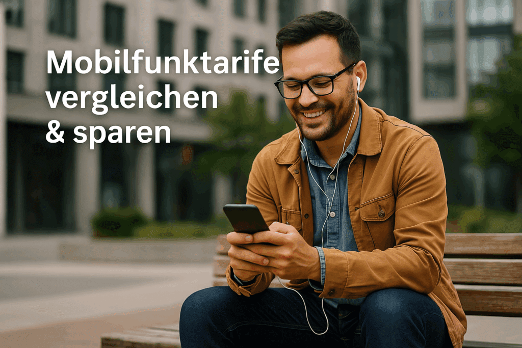 Mobilfunktarife Mann mit Smartphone auf Parkbank vergleicht Mobilfunktarife in der Stadt